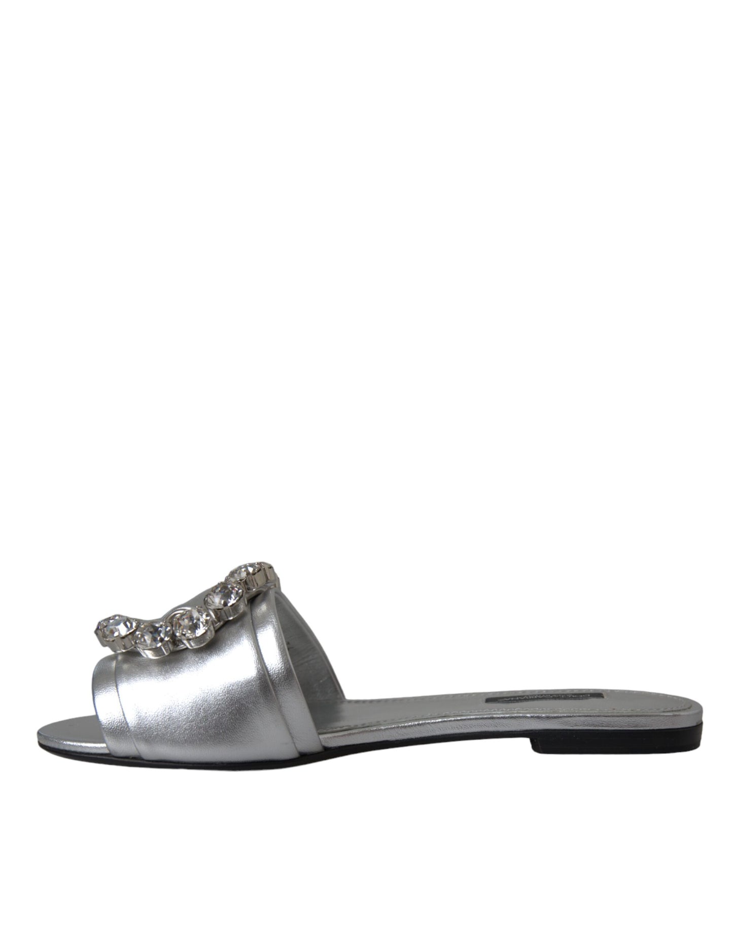 Dolce &amp; Gabbana Silber Kristall Leder Flache Sandalen Schuhe