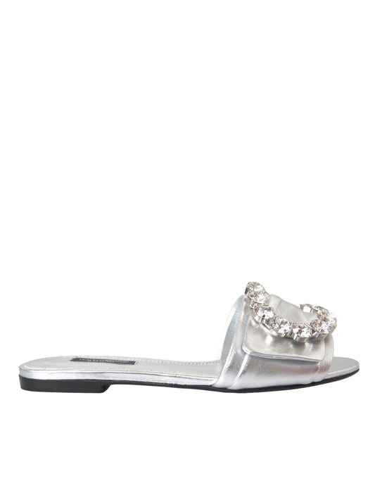 Dolce &amp; Gabbana Silber Kristall Leder Flache Sandalen Schuhe