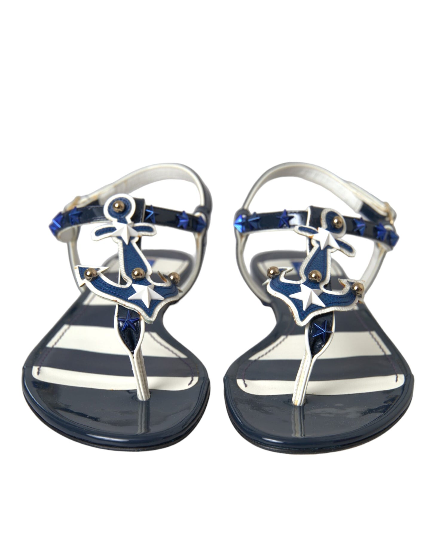 Dolce &amp; Gabbana Blaue Streifen Leder Nieten Flache Sandalen Schuhe