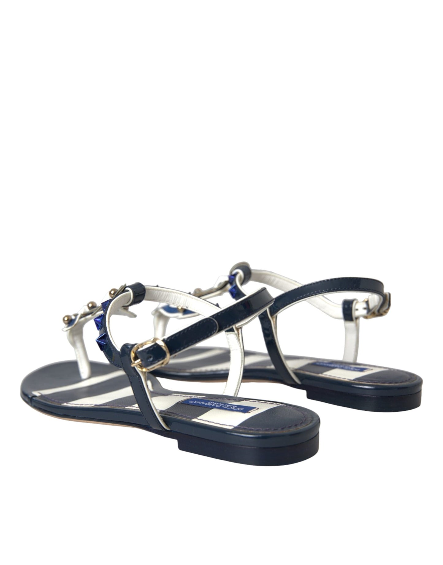 Dolce &amp; Gabbana Blaue Streifen Leder Nieten Flache Sandalen Schuhe