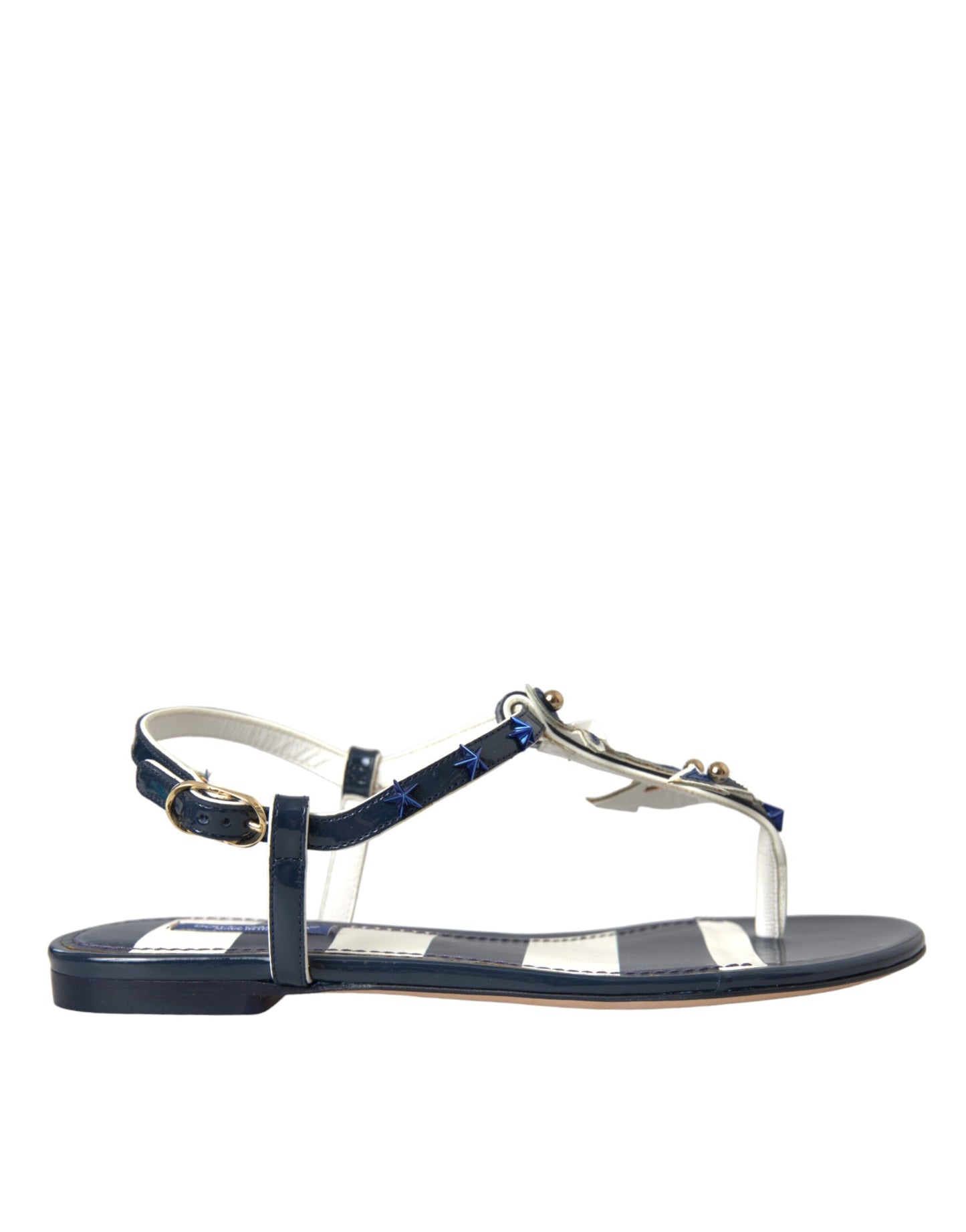 Dolce &amp; Gabbana Blaue Streifen Leder Nieten Flache Sandalen Schuhe