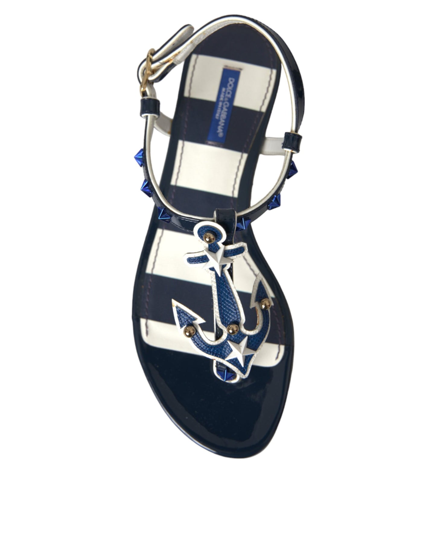 Dolce &amp; Gabbana Blaue Streifen Leder Nieten Flache Sandalen Schuhe