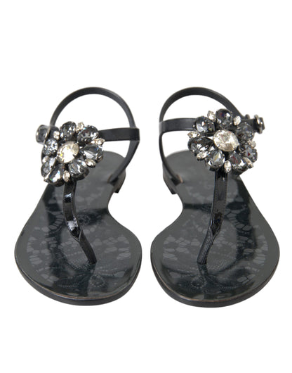 Dolce &amp; Gabbana Schwarze Kristall Flats Sandalen Flip Flops Schuhe