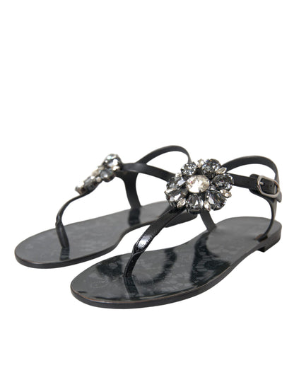 Dolce &amp; Gabbana Schwarze Kristall Flats Sandalen Flip Flops Schuhe