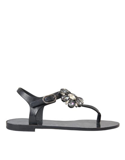 Dolce &amp; Gabbana Schwarze Kristall Flats Sandalen Flip Flops Schuhe