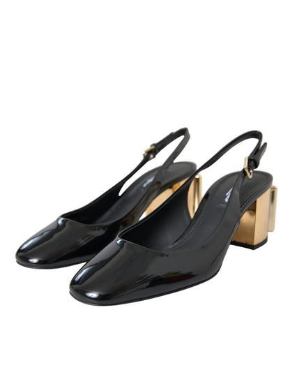 Dolce &amp; Gabbana – Slingback-Schuhe aus schwarzem und goldenem Leder mit Verzierung