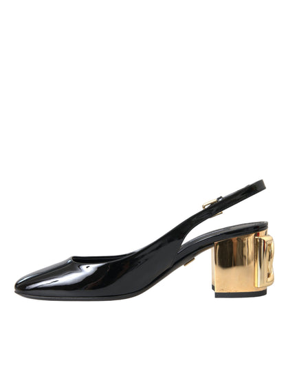 Dolce &amp; Gabbana – Slingback-Schuhe aus schwarzem und goldenem Leder mit Verzierung