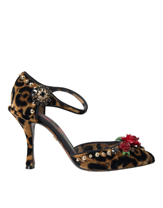 Dolce &amp; Gabbana – Mary Janes-Pumps mit Blumenmuster und Kristallen in Braun