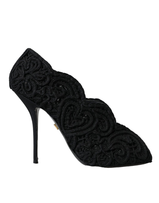 Schwarze Cordonetto Ricamo Pump-Schuhe mit offener Zehenpartie von Dolce &amp; Gabbana