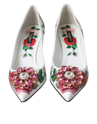 Dolce &amp; Gabbana Weiße Leder Rosen Kristall Bellucci Pumps Schuhe