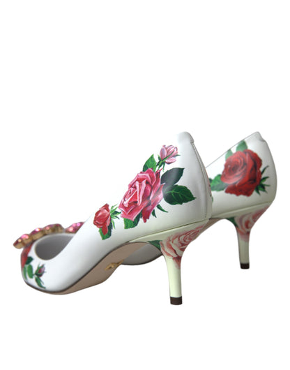 Dolce &amp; Gabbana Weiße Leder Rosen Kristall Bellucci Pumps Schuhe