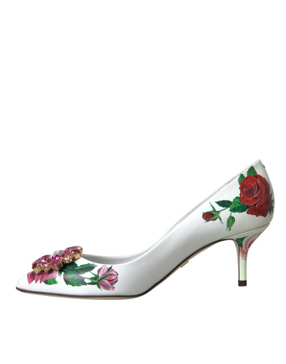 Dolce &amp; Gabbana Weiße Leder Rosen Kristall Bellucci Pumps Schuhe