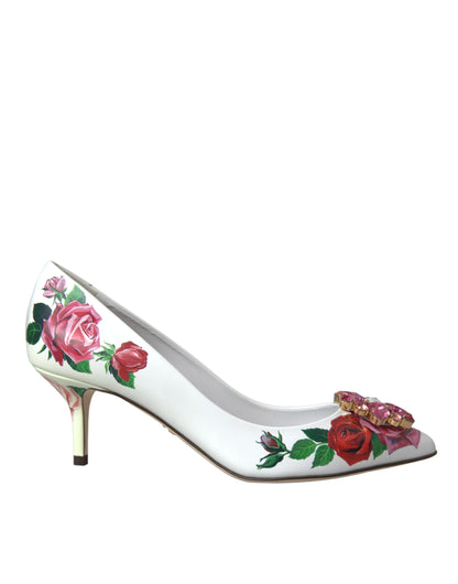 Dolce &amp; Gabbana Weiße Leder Rosen Kristall Bellucci Pumps Schuhe