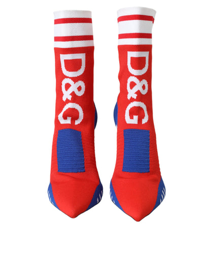 Dolce &amp; Gabbana – Rote und blaue Stretch-Stiefeletten im Sockenstil mit Logo