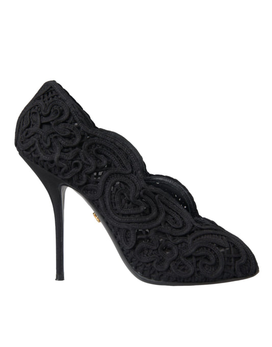 Schwarze Cordonetto Ricamo Pump-Schuhe mit offener Zehenpartie von Dolce &amp; Gabbana