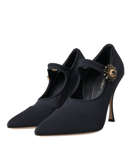 Dolce &amp; Gabbana – Mary-Jane-Pumps aus Jersey mit Kristallen, Schwarz