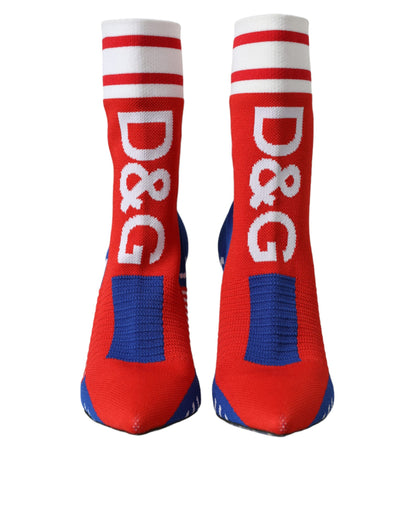 Dolce &amp; Gabbana – Rote und blaue Stretch-Stiefel im Sockenstil mit Logo