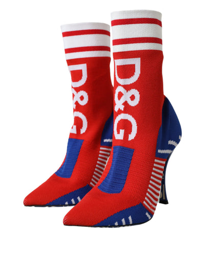 Dolce &amp; Gabbana – Rote und blaue Stretch-Stiefel im Sockenstil mit Logo