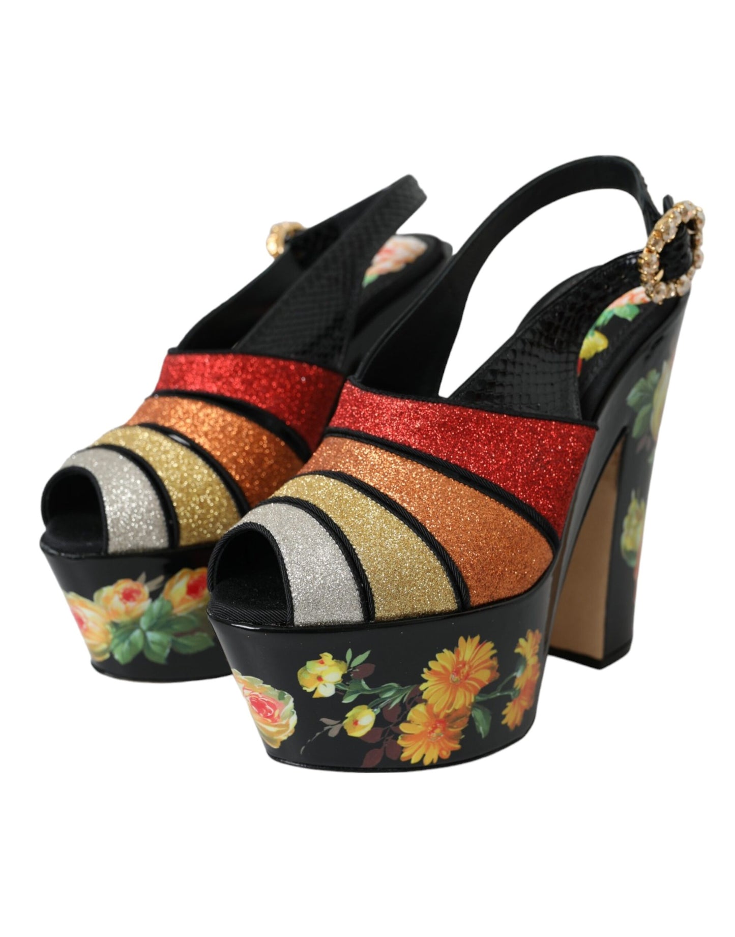 Dolce &amp; Gabbana Mehrfarbige Plateau-Sandalen mit Blumenmuster und Kristallen