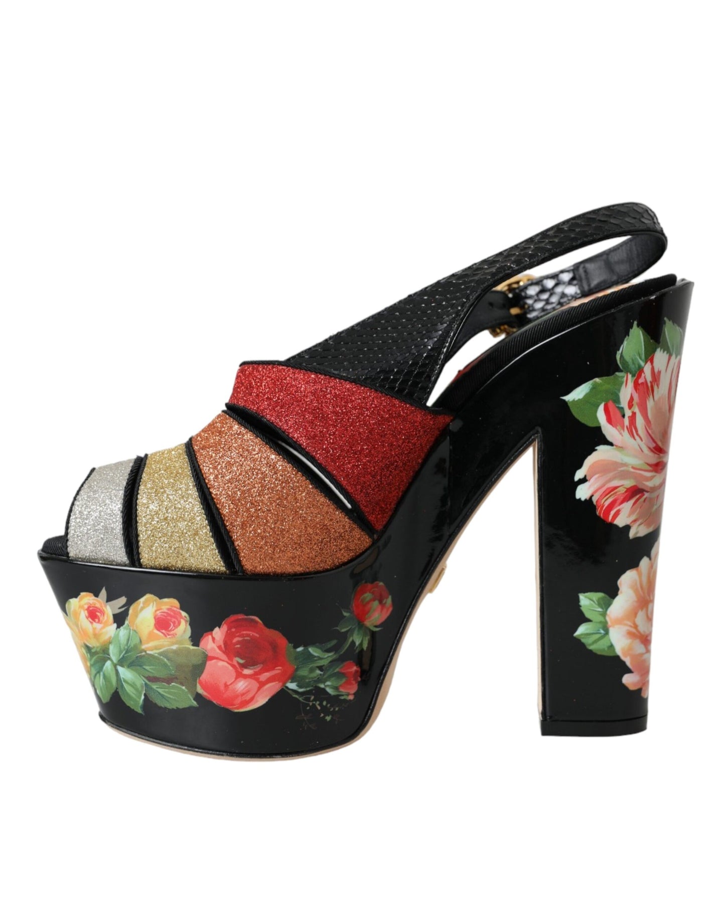 Dolce &amp; Gabbana Mehrfarbige Plateau-Sandalen mit Blumenmuster und Kristallen