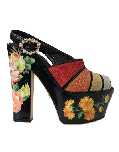 Dolce &amp; Gabbana Mehrfarbige Plateau-Sandalen mit Blumenmuster und Kristallen