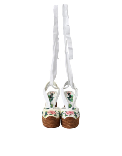 Dolce &amp; Gabbana Weiße Sandalen mit Keilabsatz und Blumenmuster