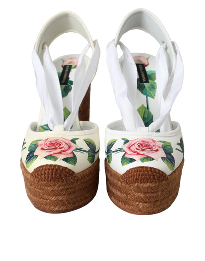 Dolce &amp; Gabbana Weiße Sandalen mit Keilabsatz und Blumenmuster