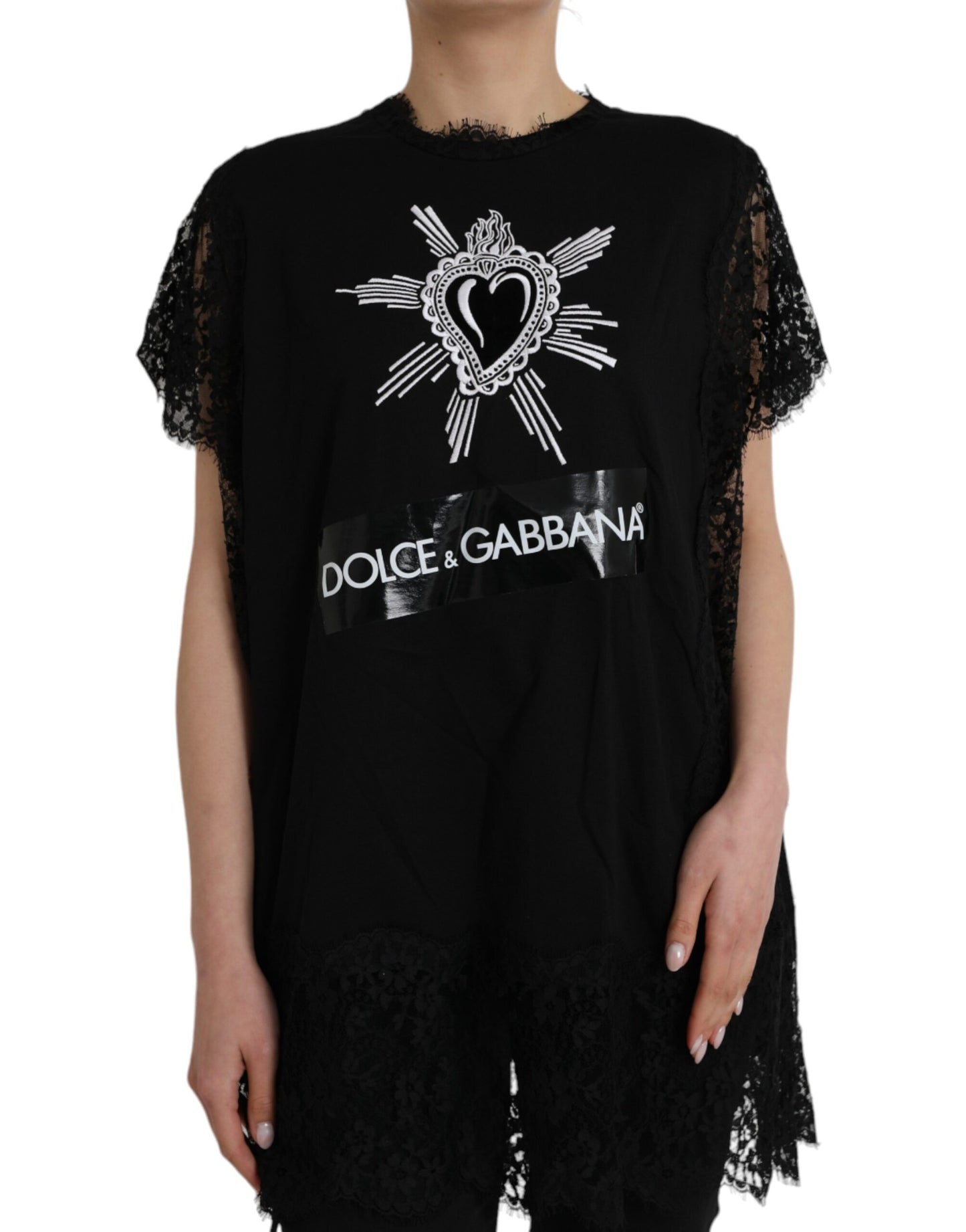 Dolce &amp; Gabbana Schwarzes T-Shirt aus Baumwollspitze mit Herz-Jesu-Print