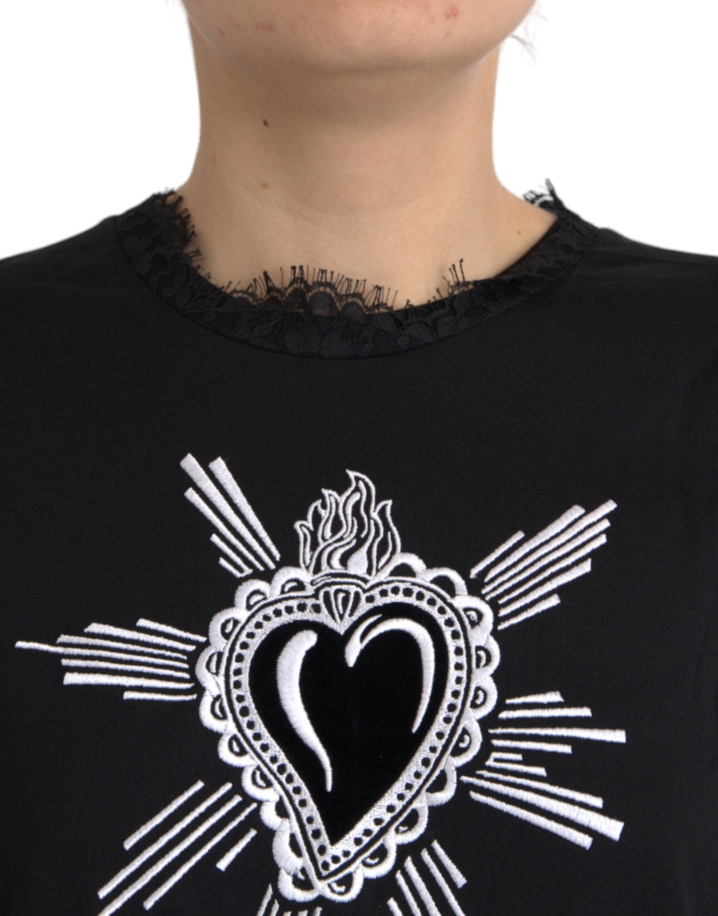 Dolce &amp; Gabbana Schwarzes T-Shirt aus Baumwollspitze mit Herz-Jesu-Print