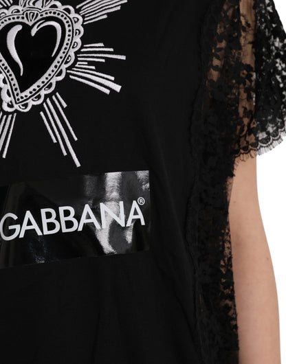 Dolce &amp; Gabbana Schwarzes T-Shirt aus Baumwollspitze mit Herz-Jesu-Print