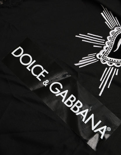 Dolce &amp; Gabbana Schwarzes T-Shirt aus Baumwollspitze mit Herz-Jesu-Print