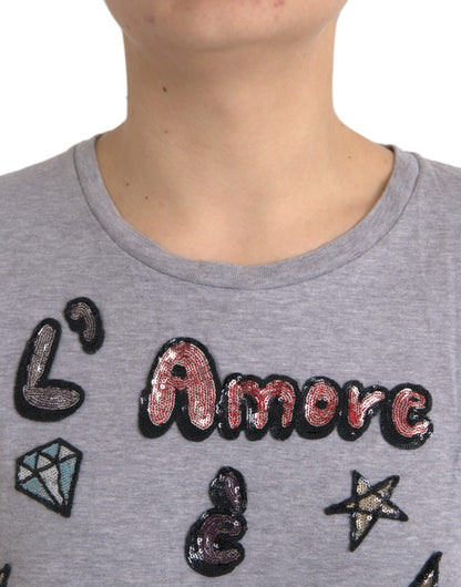 Dolce &amp; Gabbana Graues L'Amore E'Bellezza Top-T-Shirt aus Baumwolle