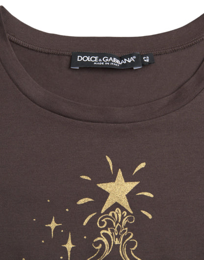 Dolce &amp; Gabbana – Braunes T-Shirt mit Rundhalsausschnitt und Motiv-Print 2017