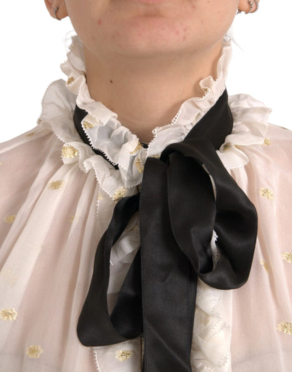 Dolce & Gabbana Off White Silk Blend Ascot Collar Blouse Top