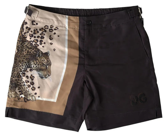 Dolce &amp; Gabbana Dunkelbraune Bademode-Shorts mit Leopardenmuster