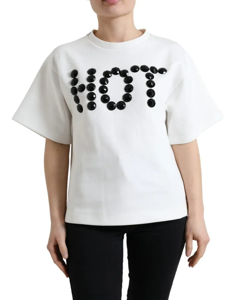 Dolce &amp; Gabbana Weißes Baumwollstretch-T-Shirt mit schwarzem HOT-Kristall