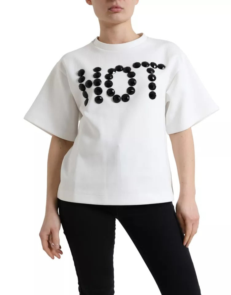 Dolce &amp; Gabbana Weißes Baumwollstretch-T-Shirt mit schwarzem HOT-Kristall