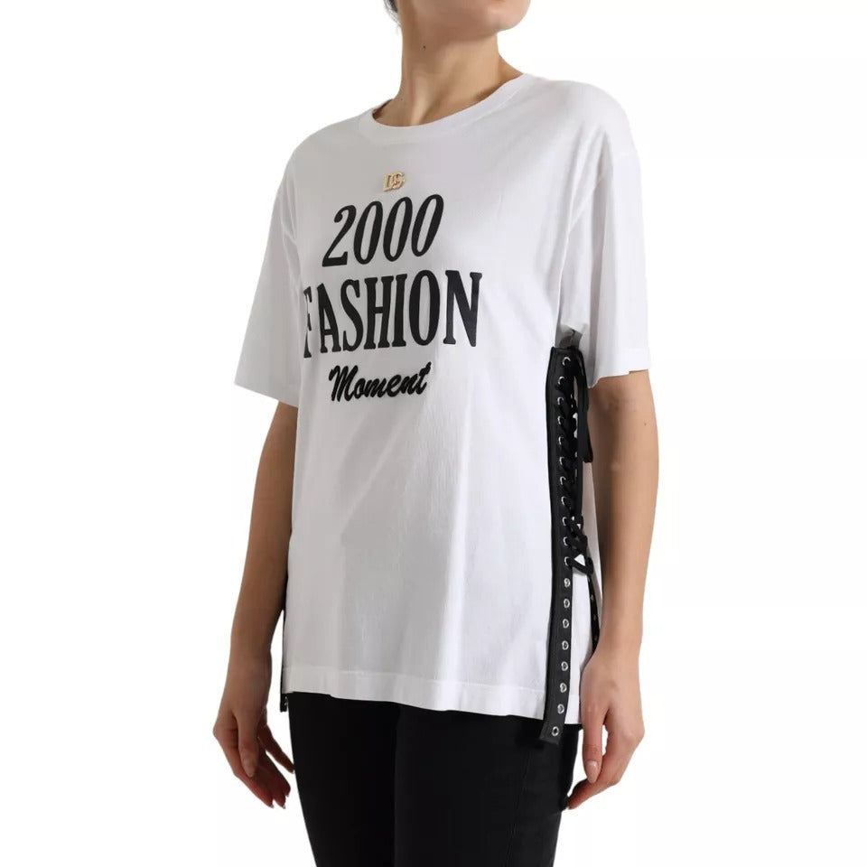 Dolce & Gabbana White Slogan Print Lacing Detailed T-shirt