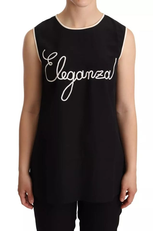 Dolce &amp; Gabbana – Schwarzes ärmelloses Tanktop aus Seide mit Eleganza-Print