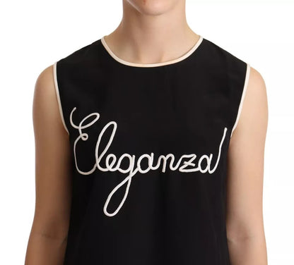 Dolce &amp; Gabbana – Schwarzes ärmelloses Tanktop aus Seide mit Eleganza-Print