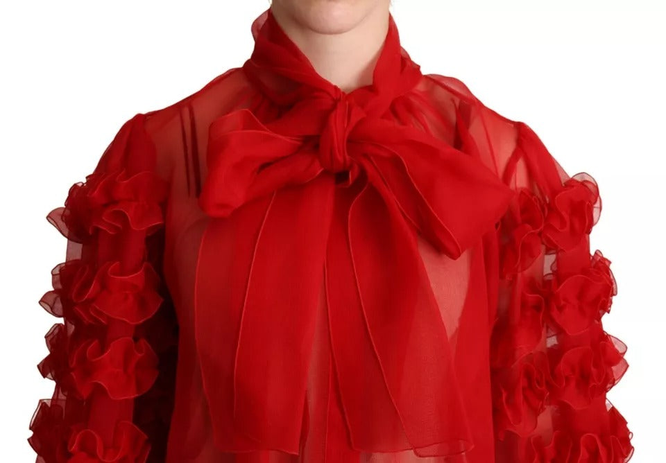 Dolce & Gabbana Red Silk Ascot Collar Ruffles Blouse Top