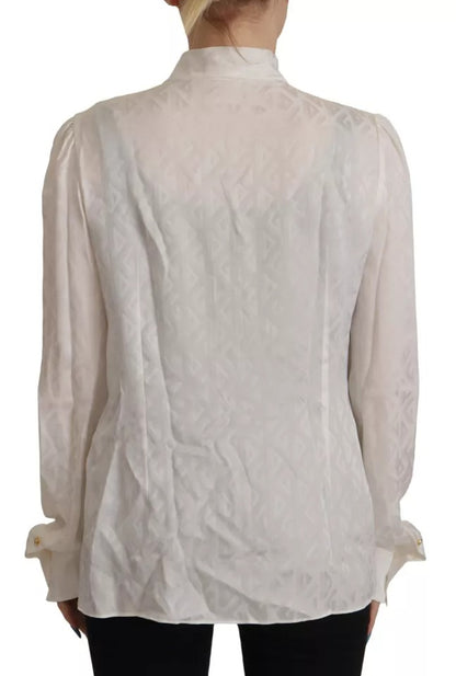 Dolce & Gabbana White Patterned Silk Ascot Collar Blouse Top