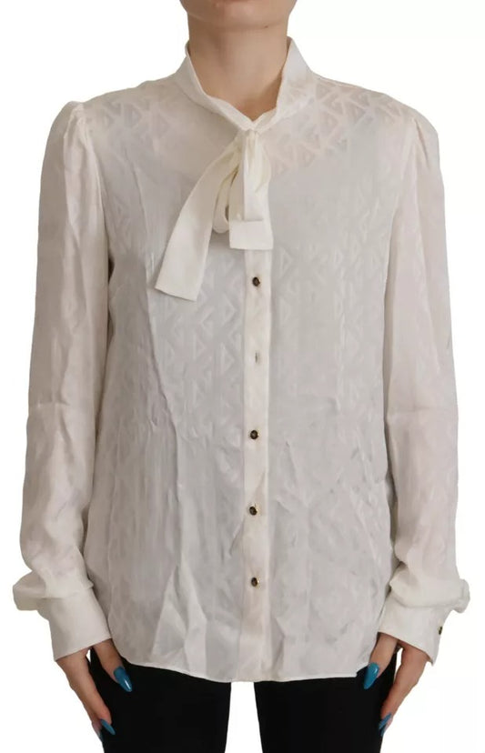 Dolce & Gabbana White Patterned Silk Ascot Collar Blouse Top