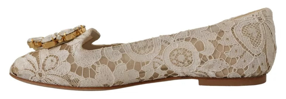 Dolce &amp; Gabbana Beige Ballerinas mit Spitze und Kristallen