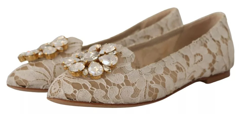 Dolce &amp; Gabbana Beige Ballerinas mit Spitze und Kristallen