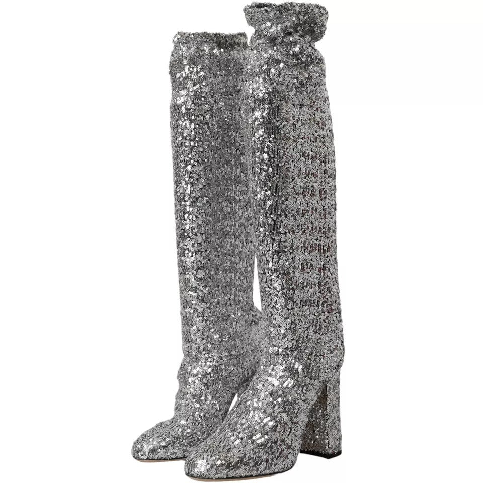 Dolce &amp; Gabbana – Hohe Stiefel mit Pailletten in Silber, Stretch-Schuhe