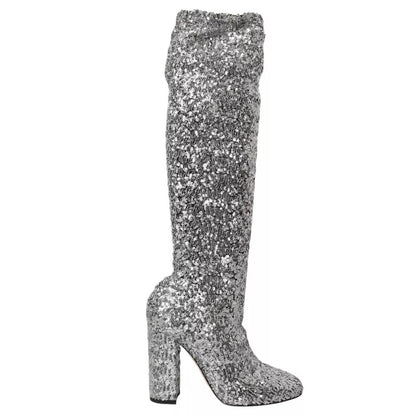 Dolce &amp; Gabbana – Hohe Stiefel mit Pailletten in Silber, Stretch-Schuhe