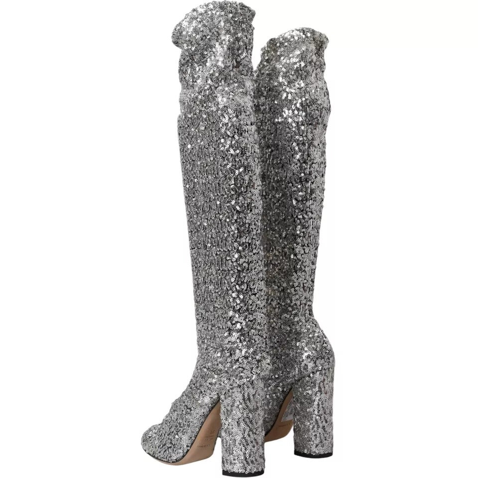 Dolce &amp; Gabbana – Hohe Stiefel mit Pailletten in Silber, Stretch-Schuhe