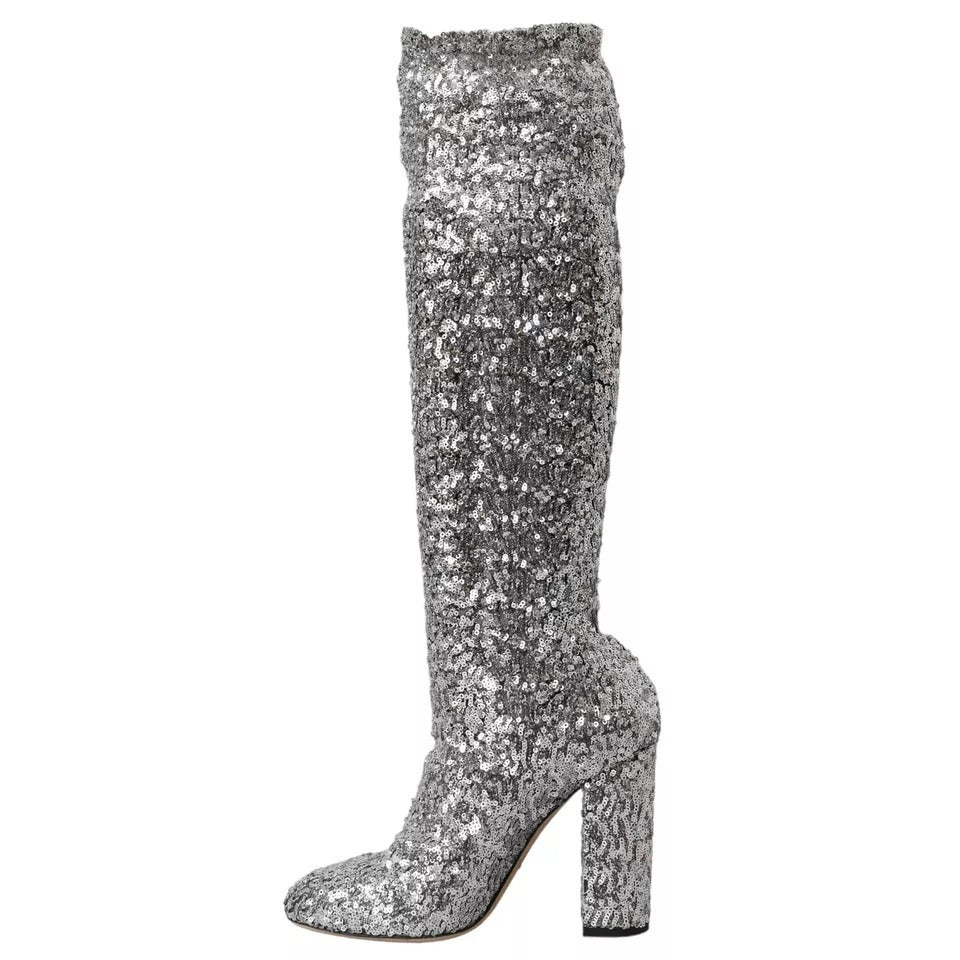 Dolce &amp; Gabbana – Hohe Stiefel mit Pailletten in Silber, Stretch-Schuhe