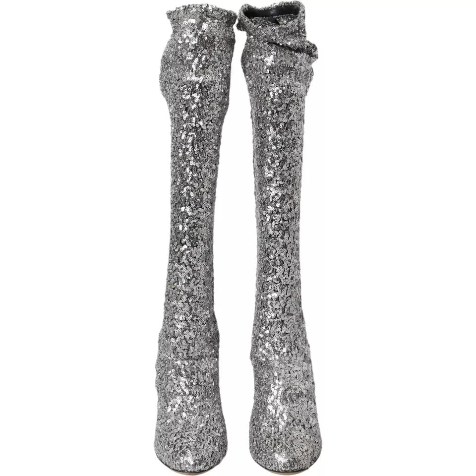 Dolce &amp; Gabbana – Hohe Stiefel mit Pailletten in Silber, Stretch-Schuhe